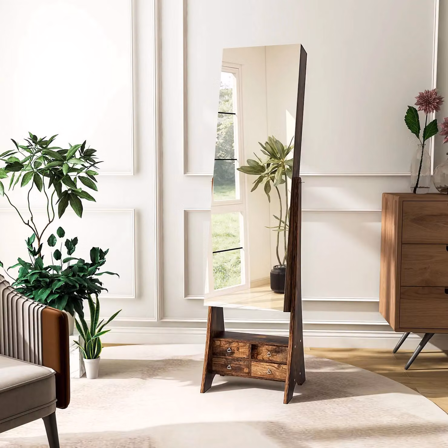 Costway Freestanding Brown Wood Jewelry Armoire with LED Lighting and Mirror – 4