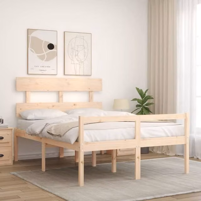 Berkfield Home Beautiful Bed Frame with Headboard in Beige Solid Pine Wood, W/D/H: 140 x 190 x 81 cm