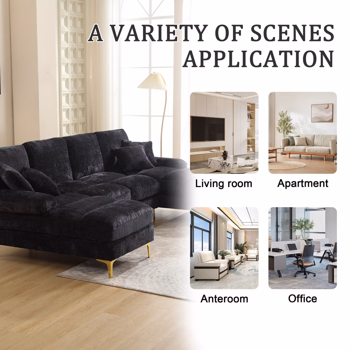 Aosom UK Elegant U-Shaped Modular Sectional Sofa in Black with Scatter Cushions, W: 272 cm, D: 136 cm, H: 88 cm – 5