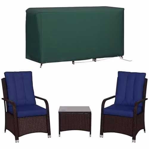Outsunny 3 Piece Rattan Garden Bistro Set in Blue with Steel Frame and Furniture Cover – 1