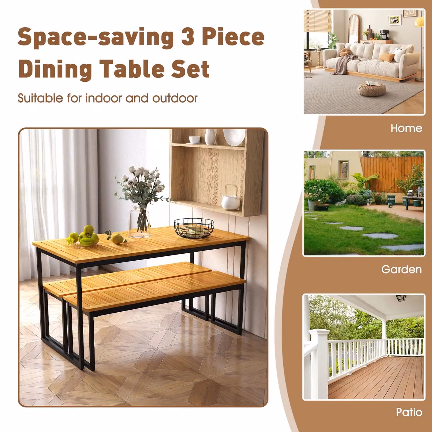 Gymax 6-Person Acacia Wood Dining Table with Umbrella Hole in Khaki, W/D: 140 x 70 cm – 4