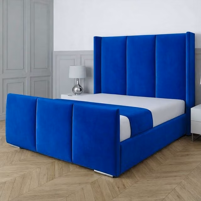 UK Bed Furniture Miami Wingback Upholstered Velvet Bed in Blue, Size: Single, W/D/H: 90 x 190 cm