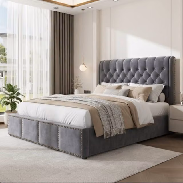 BTM Grey Velvet Upholstered Super King Storage Bed with Lift Up Base