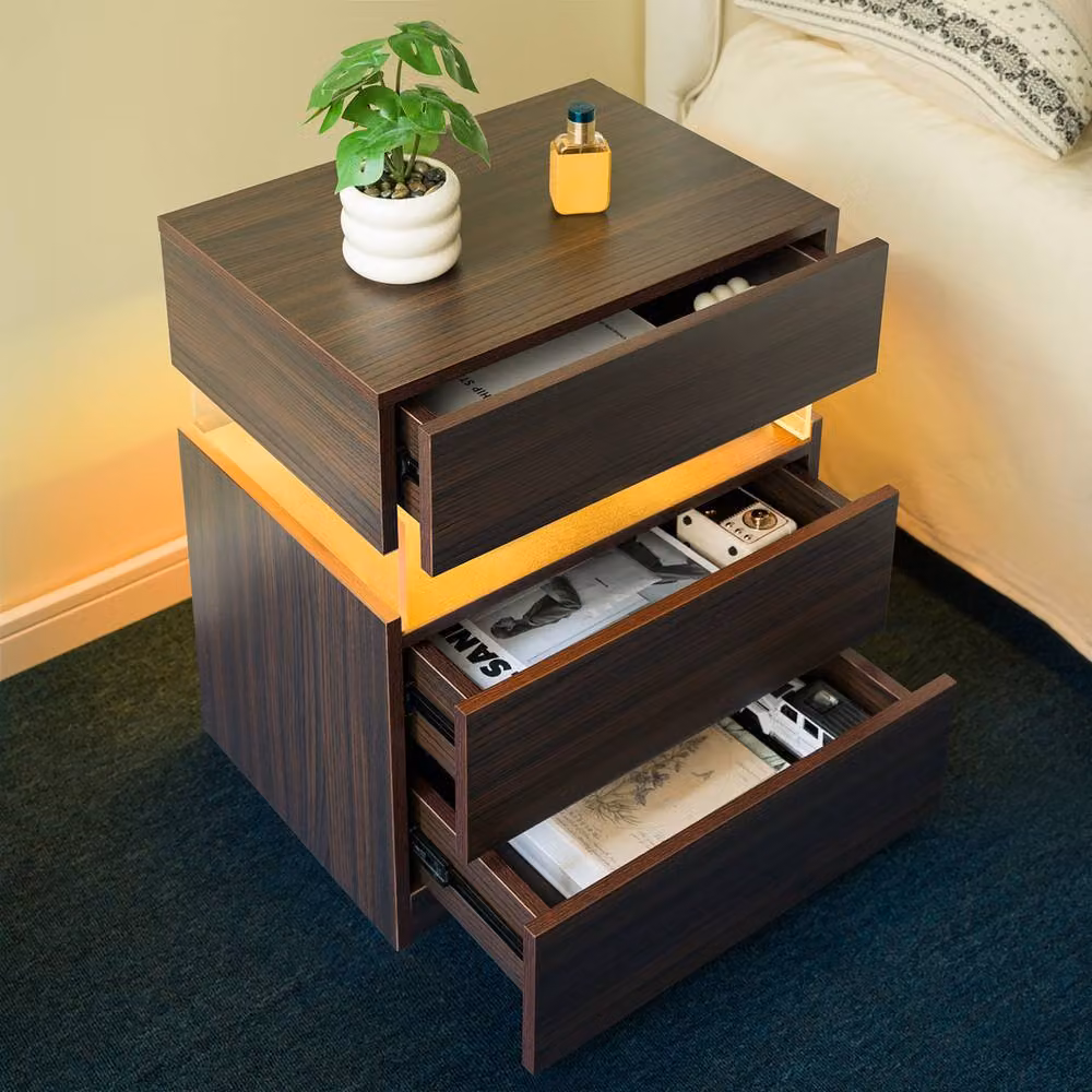 Direct Wicker Walnut Bedside Table with 3 Drawers, Acrylic Board and Integrated LED Lighting – 5