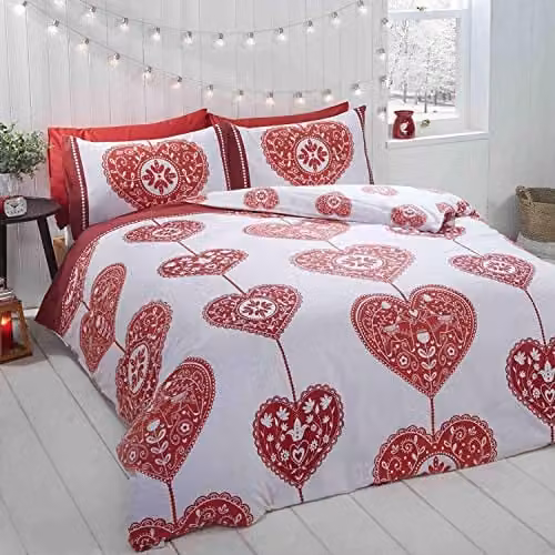 Rapport Home Scandi Heart Christmas Duvet Cover and Pillowcase Set, Red and Grey, 100% Cotton Flannelette, W/D/H: 200 x 200 cm