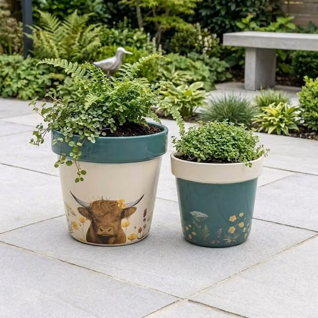 Garden Greatness Duo Highland Cow Ceramic Planter Pot Set in Beige and Multicolour