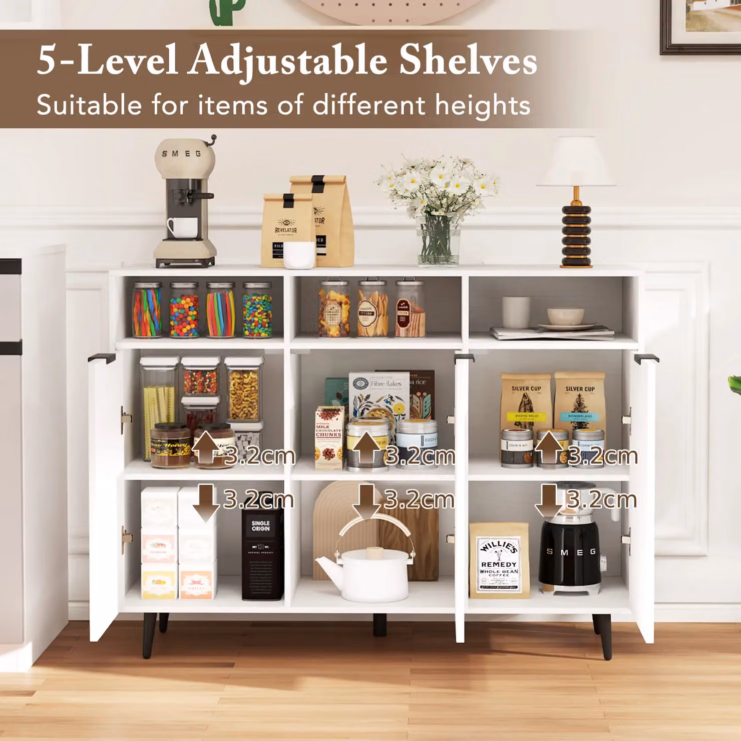 Costway Modern White Sideboard Buffet Cabinet and Kitchen Storage Unit with Shelves – 3
