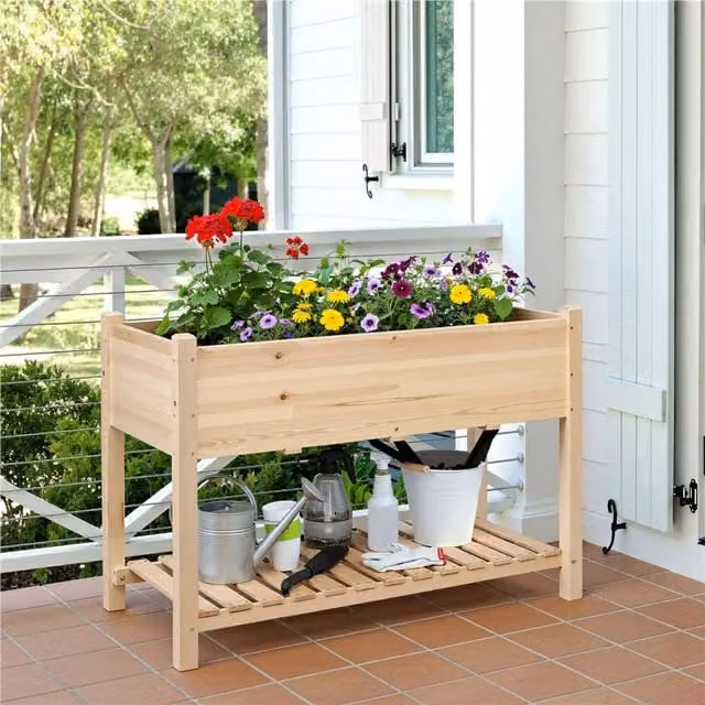 Yaheetech 2-Tier Wooden Raised Garden Bed with Shelf in Brown or Yellow