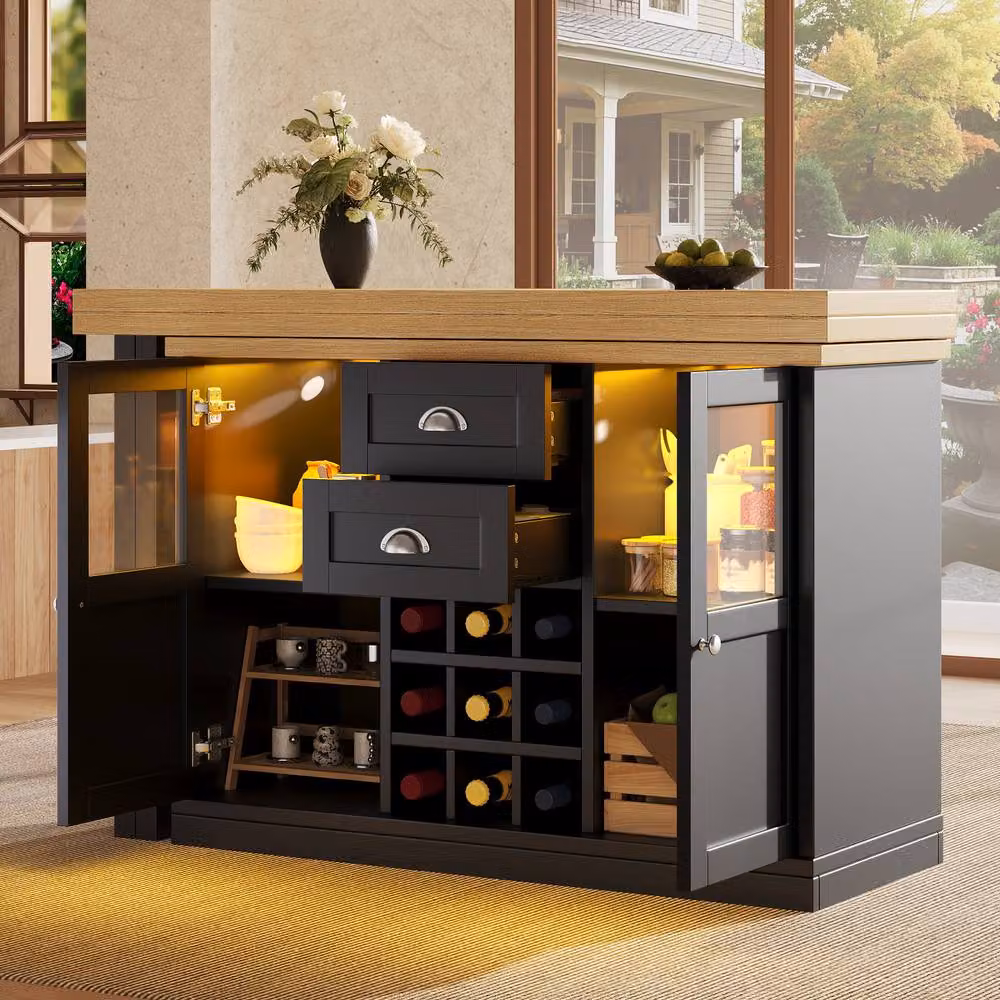 BTM Extendable Black Matt Sideboard with LED Lighting and Glass Storage Cabinet, W/D/H: 148 x 40 x 74 cm – 2