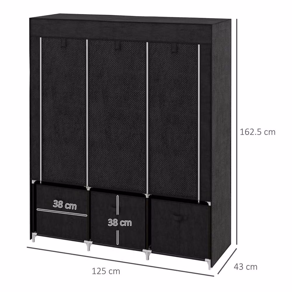 Kelvenix Black Fabric Wardrobe with 5 Shelves and Hanging Rod – 2
