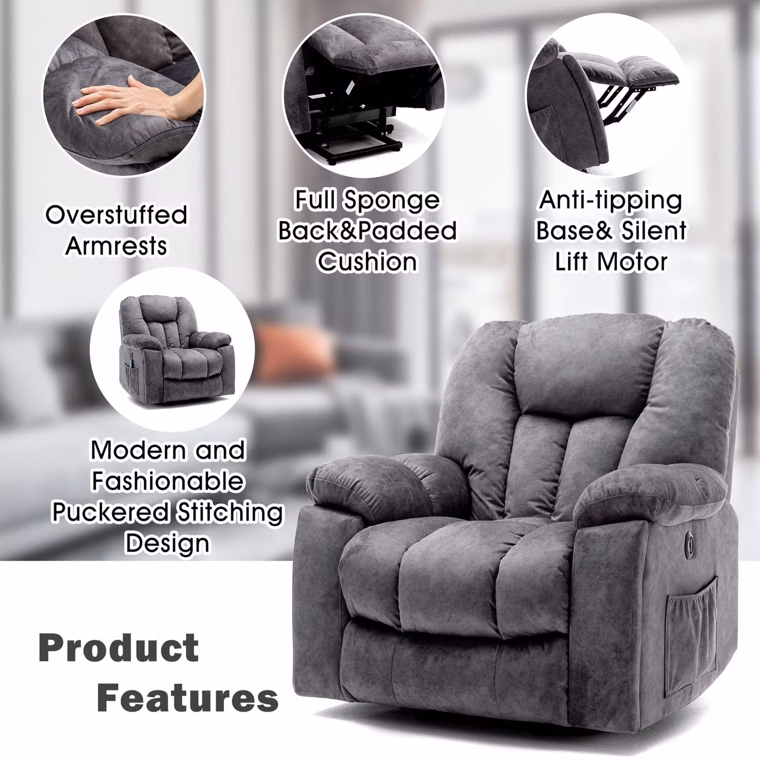 Aosom Grey Power Lift Electric Recliner Chair with Heat, Vibration, USB Ports and Side Pockets, W/D/H: 100 x 95 x 105 cm – 7