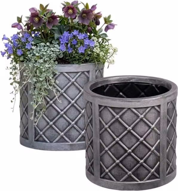 Strata Set of 2 Small Round Lazio Lattice Style Plastic Patio Plant Pots in Slate Grey, Diameter: 32 cm