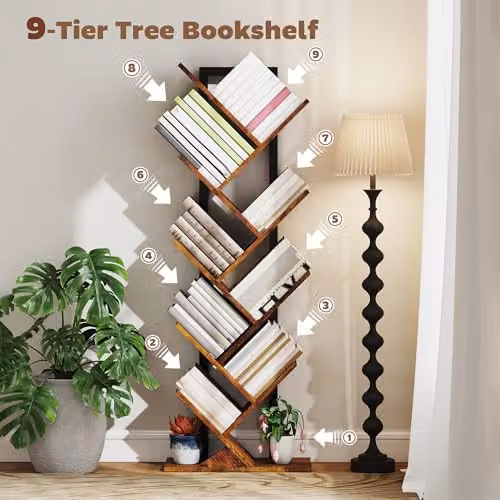 HOMCOM 9-Tier Industrial Corner Tree Bookshelf with Steel Frame and MDF Shelves, Brown – 3
