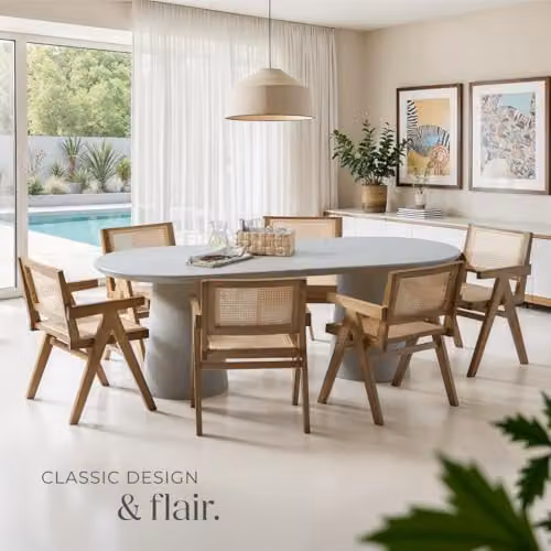 tectake Set of 4 Mid-Century Modern Dining Chairs in Brown Oak with Rattan Detail – 2