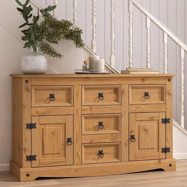 FORGEVIO Mexican Solid Pine 2 Door 5 Drawer Large Cupboard in Natural Brown – 1
