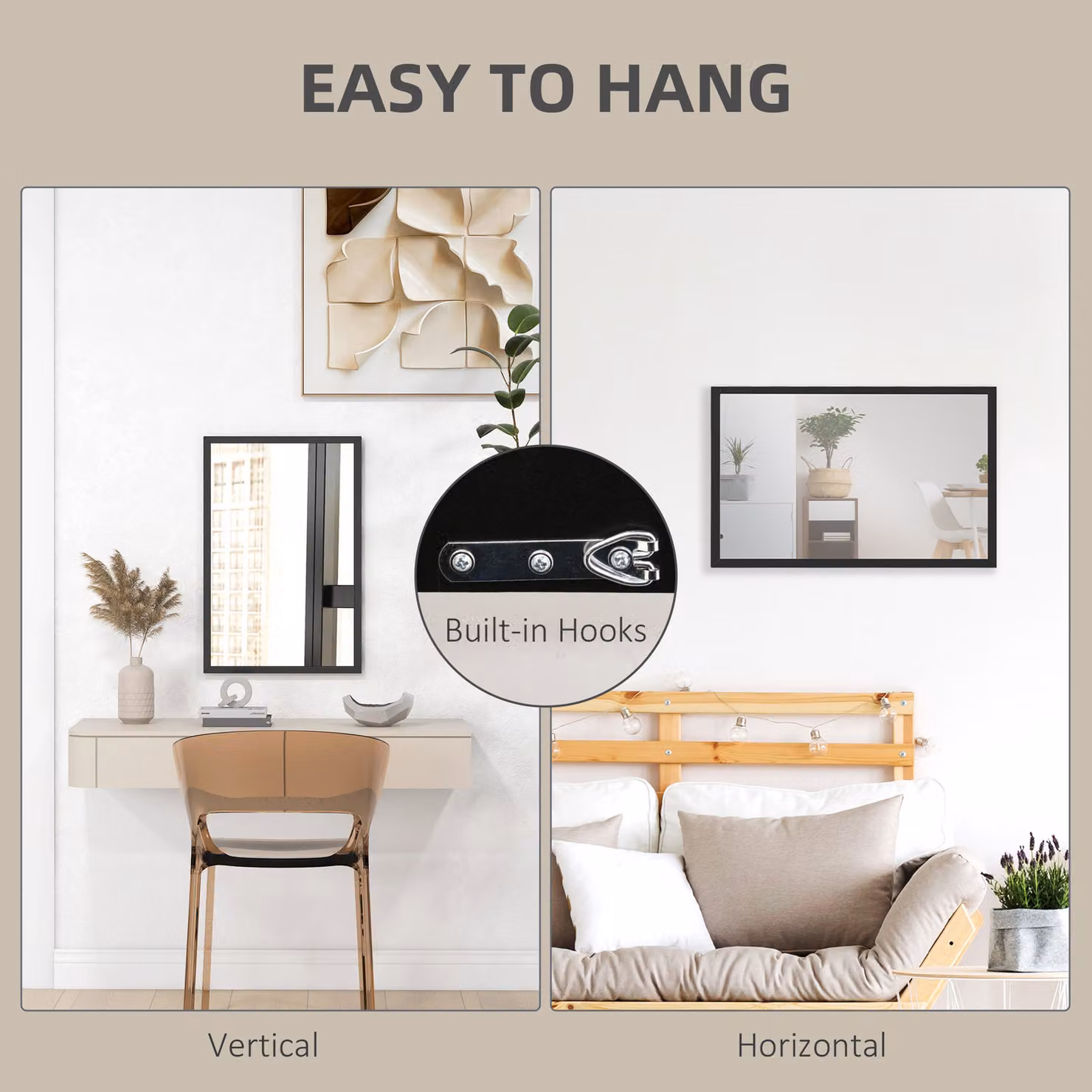 HOMCOM Modern Rectangular Wall-Mounted Glass Mirror, Black, W: 60 cm, H: 40 cm – 3