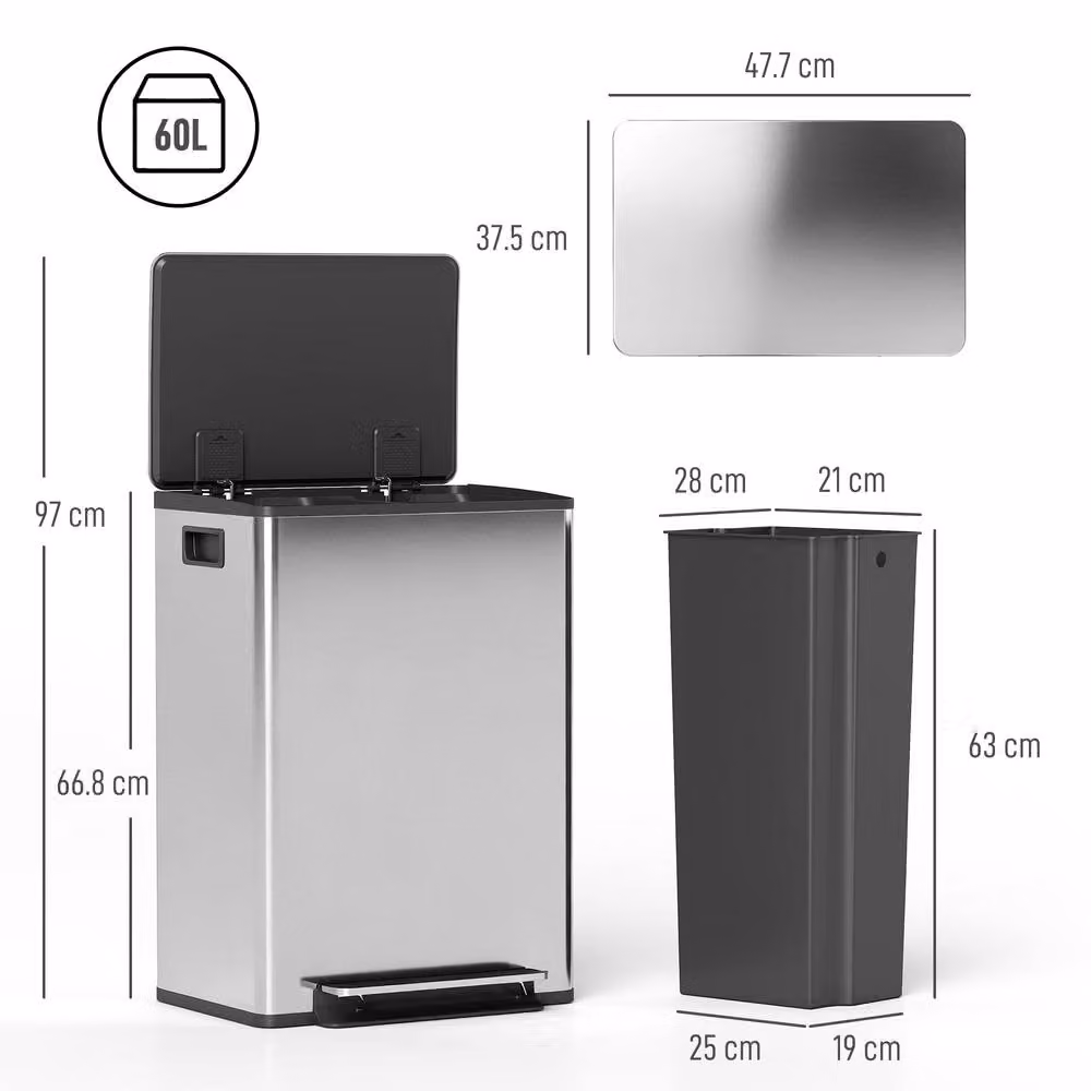 STILVORA 60L Stainless Steel Kitchen Bin in Silver with Dual Compartments, Soft-Close Lid and Odour Filter – 4