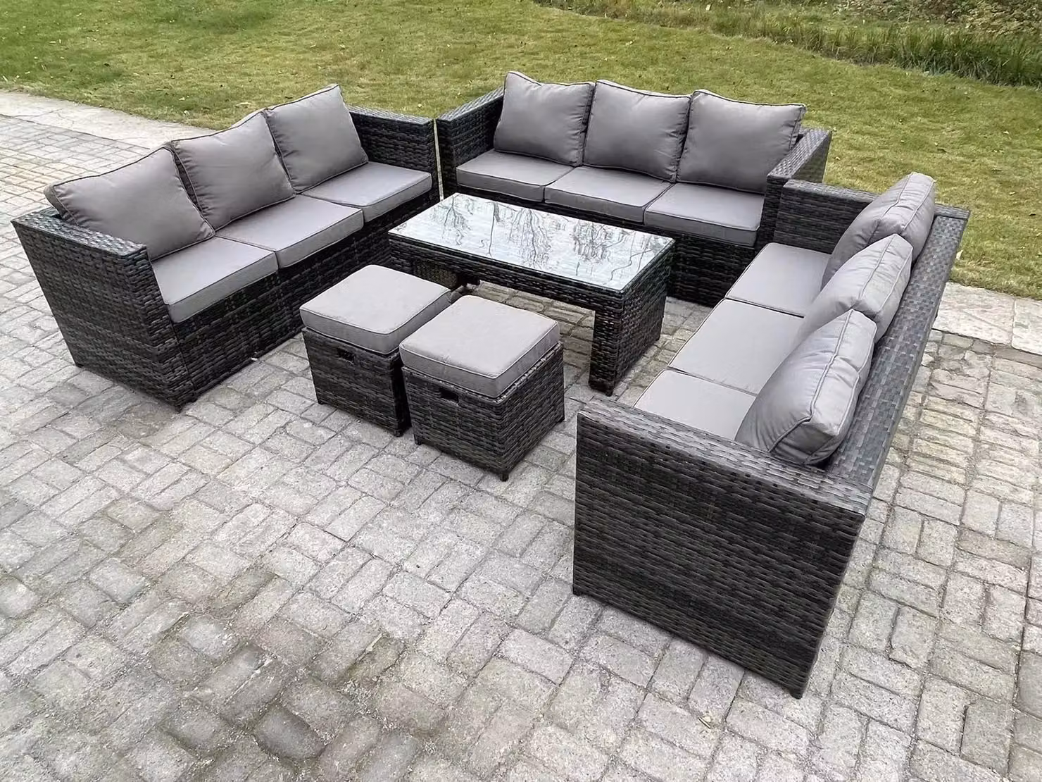 Fimous Rattan Garden Furniture Lounge Sofa Set with Oblong Rectangular Coffee Table and 2 Stools in Dark Grey – 2