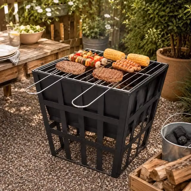 Redwood Leisure CH716 Square Fire Pit BBQ with Fire Basket, Black Metal