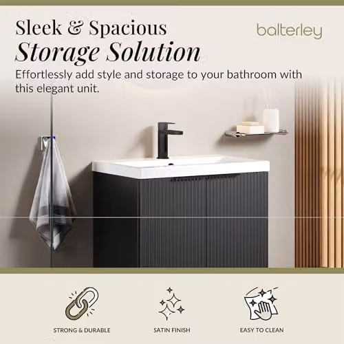 Balterley Floor Standing Bathroom Vanity Unit with Basin and Fluted Front Doors in Dark Grey, W: 61.0 cm, D: 39.0 cm, H: 85.0 cm – 3