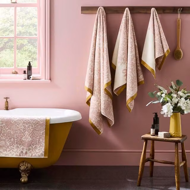 William Morris At Home Strawberry Thief Floral Cotton Towel in Plaster Pink