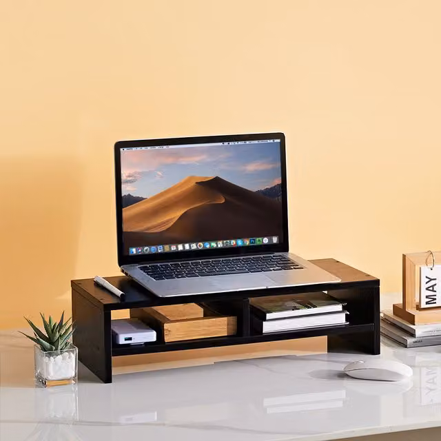 Livingandhome Minimalist Matt Black Desk Organisation Monitor Stand with Storage Shelf