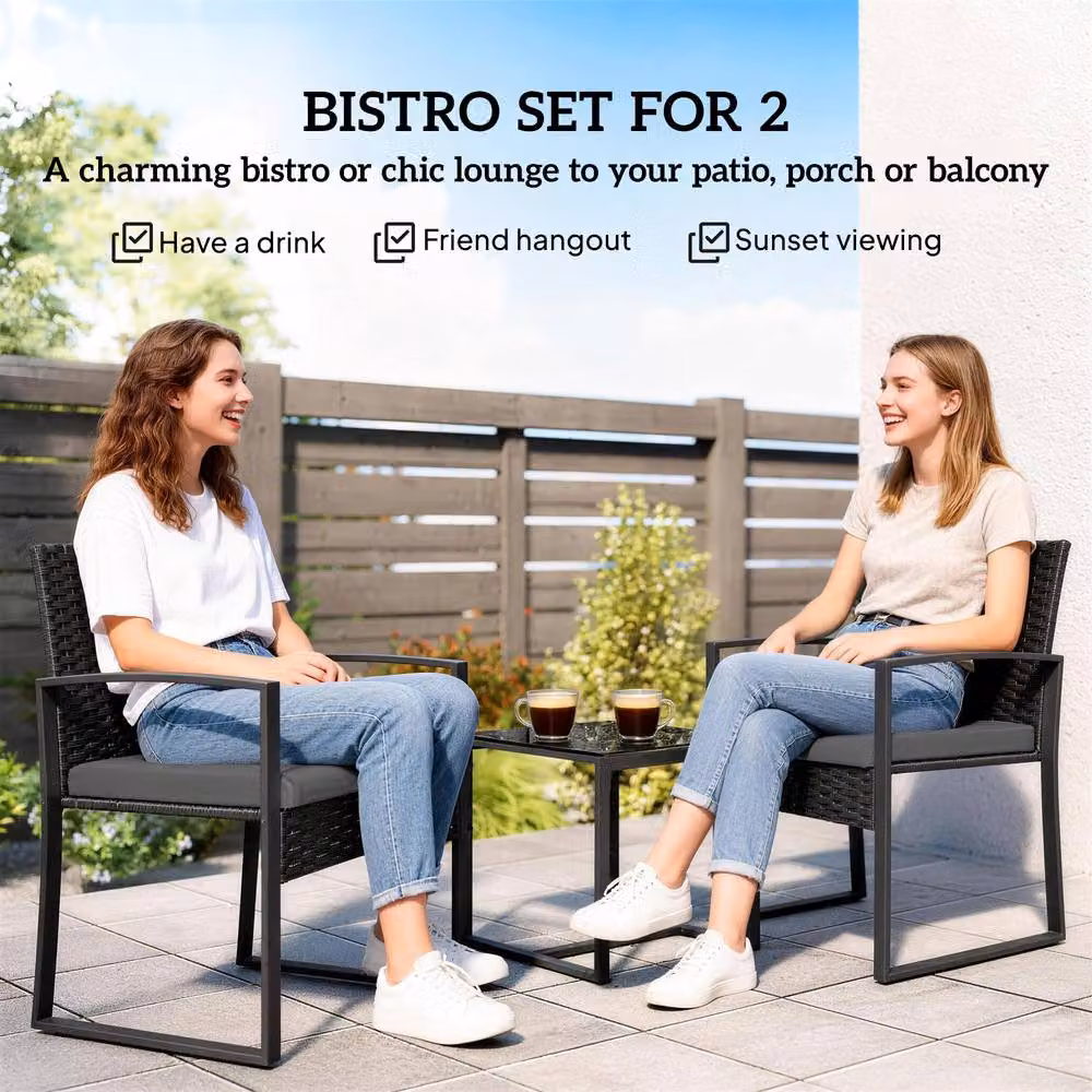 OUTSUNNY 3 Piece Rattan Bistro Set with Cushions in Dark Grey – 4