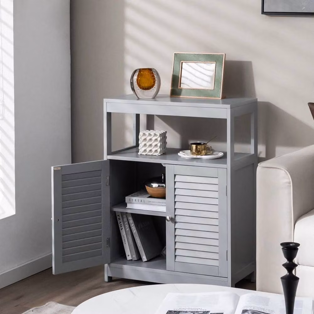 Kelvenix Grey Wooden Freestanding Bathroom and Living Room Storage Cabinet with Hinged Doors and Internal Shelves – 3