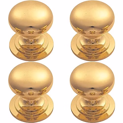 Loops 4 Pack Victorian Round Cupboard Door Knob in Polished Brass, Diameter: 32 mm