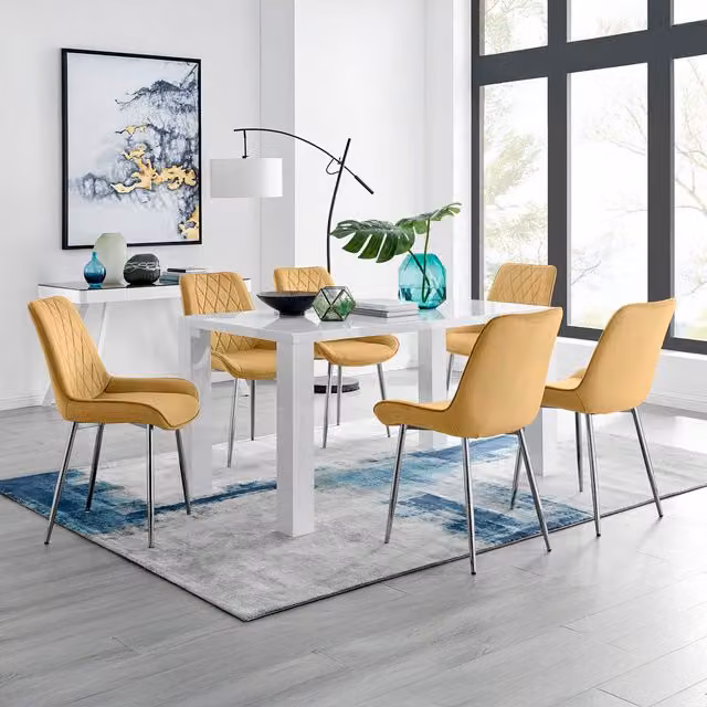FurnitureboxUK Pivero 6 White Rectangular Dining Table and 6 Pesaro Silver Leg Chairs in Mustard and Yellow