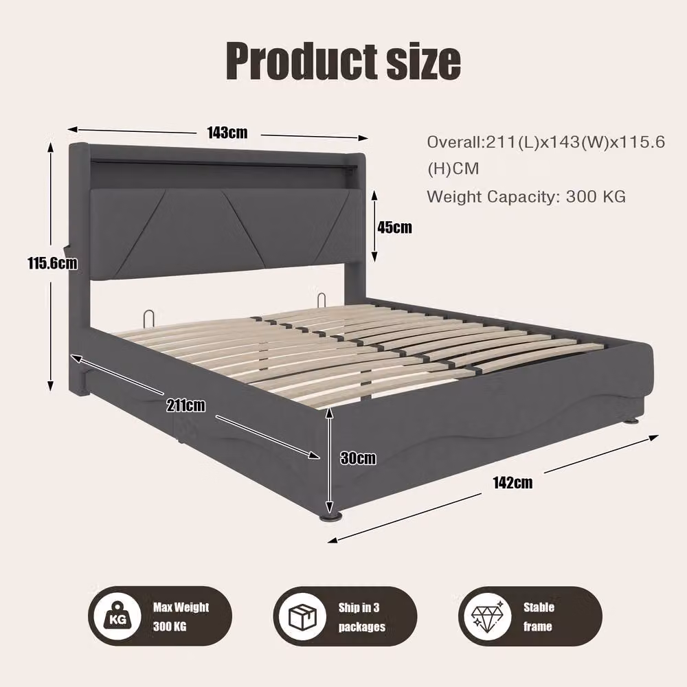 BTM Double Ottoman Bed with LED Headboard, Shelves and USB Charging Ports, Grey Fabric, W: 135 cm, L: 190 cm – 2