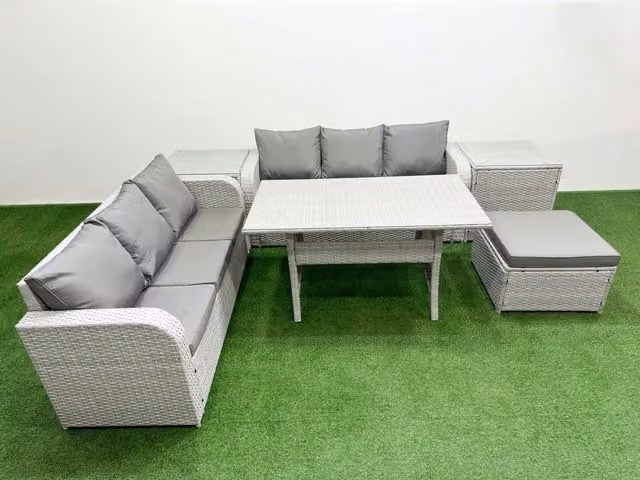 Fimous 7 Seater Grey Wicker Rattan Garden Furniture Set with Rectangular Dining Table, High Back Lounge Sofa and Large Footstool