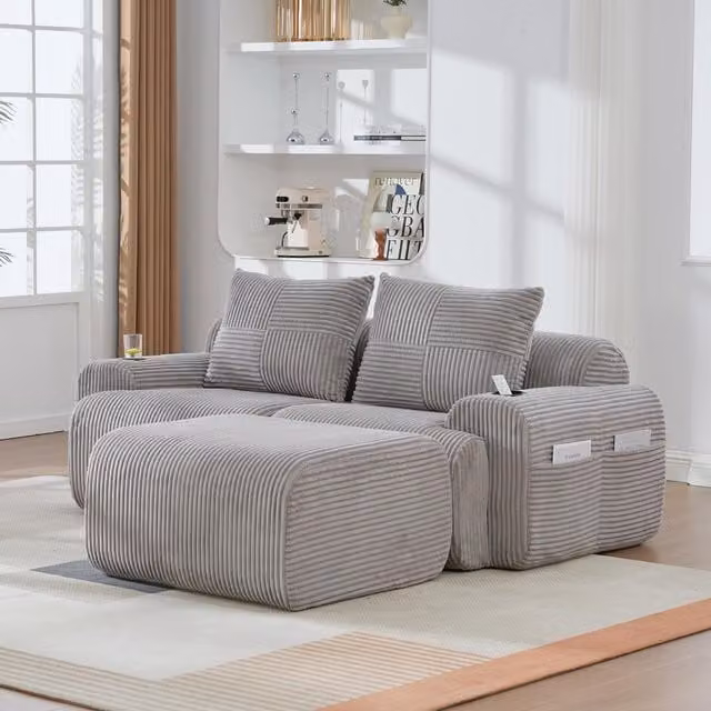 Aosom UK Modular 2-Seater L-Shape Sofa in Light Grey Corduroy with Foam-Filled Plush Seats and Built-In Cup Holder, W: 174 cm, D: 200 cm, H: 80 cm