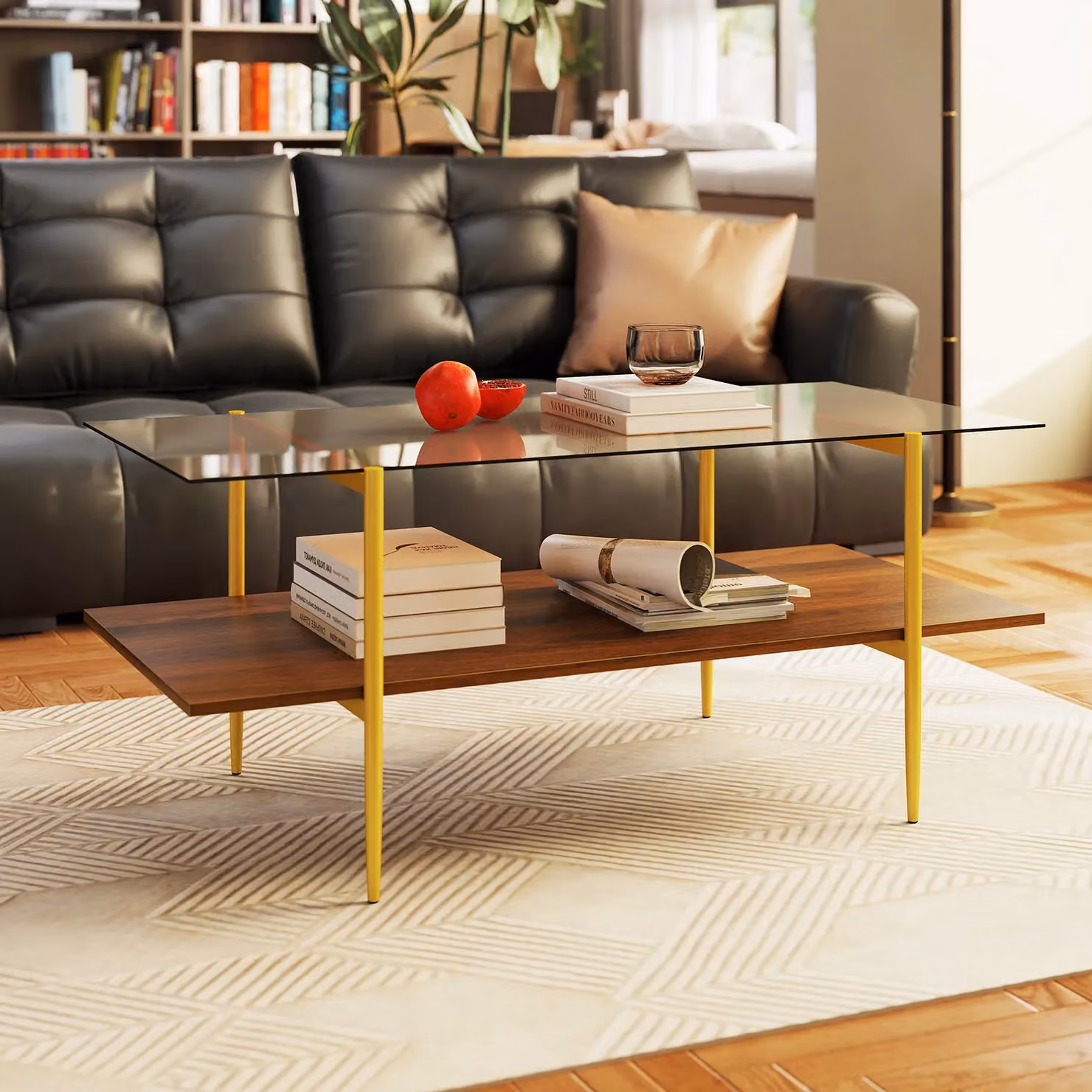 Costway 2-Tier Rectangular Glass Coffee Table with Storage Shelf in Brown and Gold – 8