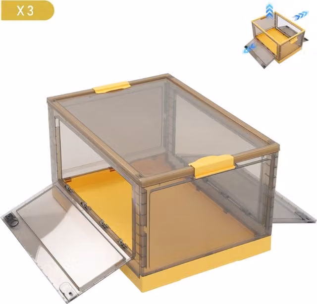 Kidkid Set of 3 Foldable and Stackable Plastic Storage Boxes with Lids, Yellow, 53 x 53 x 53 cm
