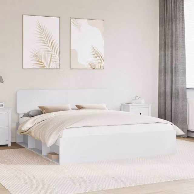 Berkfield Home White Solid Pine Wood Bed Frame with Headboard W/D/H: 200 x 200 cm