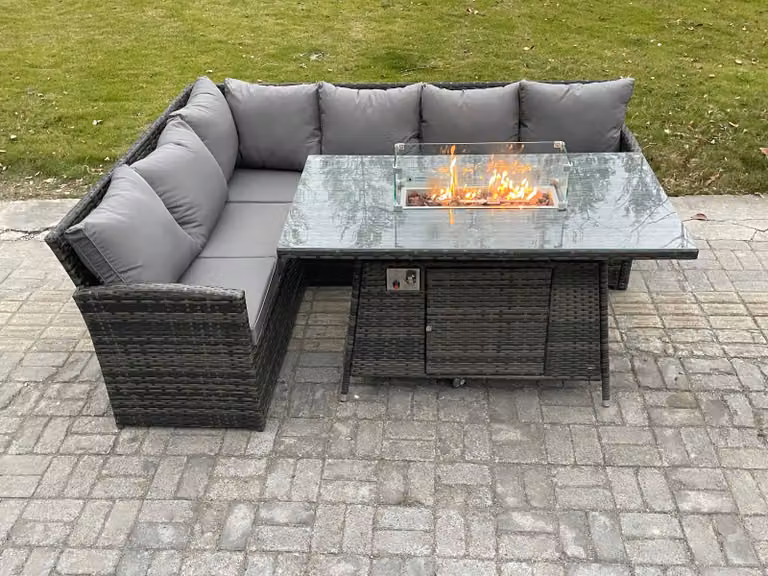 Fimous 6 Seater Rattan Garden Furniture Set with High Back Corner Sofa and Gas Fire Pit Dining Table in Dark Grey