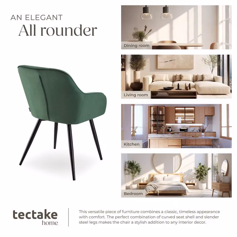 tectake Marilyn Set of 6 Modern Velvet Dining Chairs in Dark Green and Black – 6
