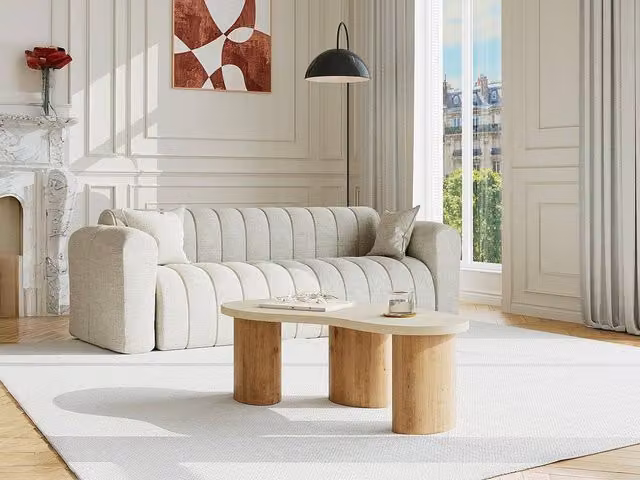 ALOZYA MDF Coffee Table in Beige Travertine Effect and Light Natural, W/D/H: 60 x 45 x 50 cm