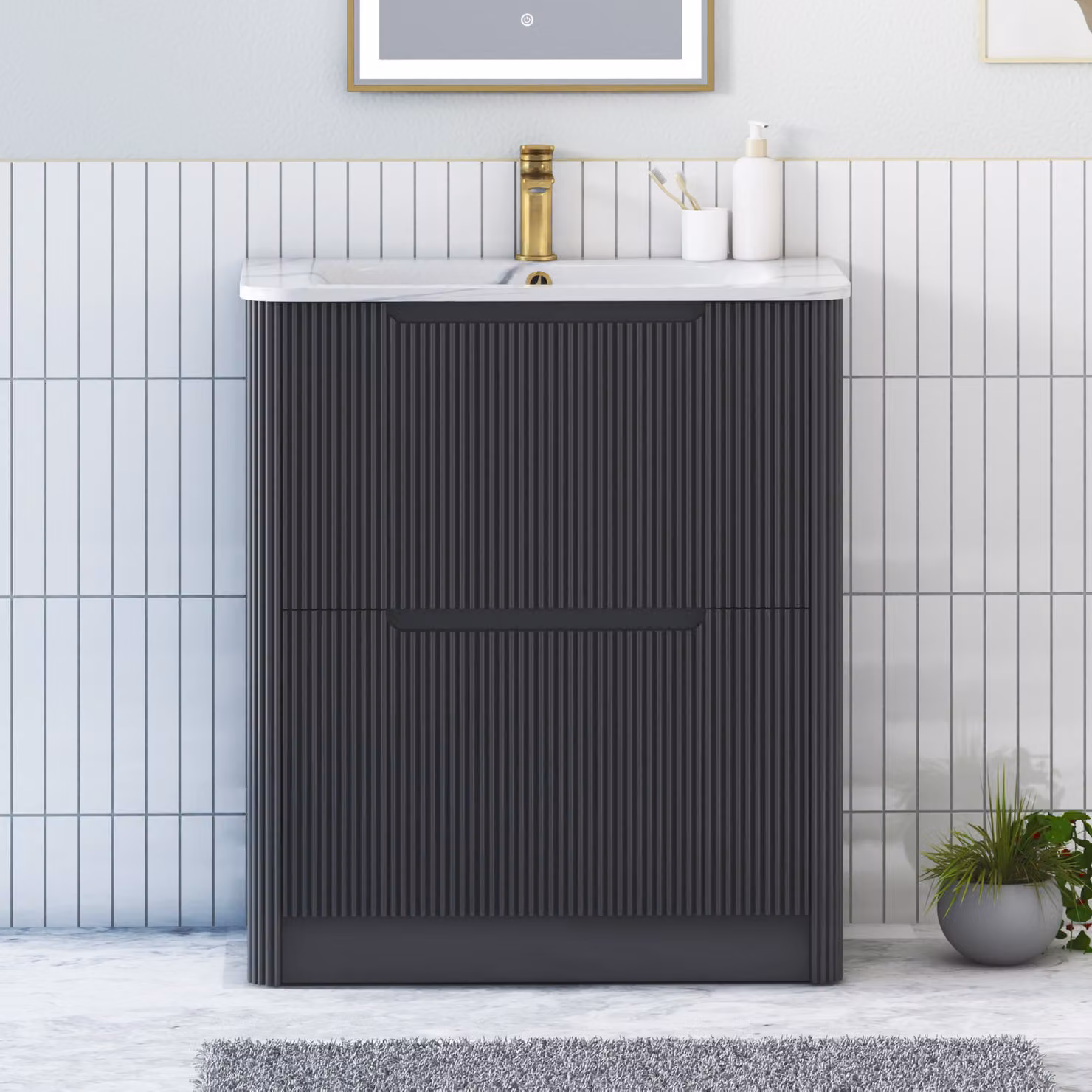 Royal Bathrooms Avenza 700mm Matt Obsidian Black Floor Standing 2 Drawer Vanity Unit with Carrara White Basin