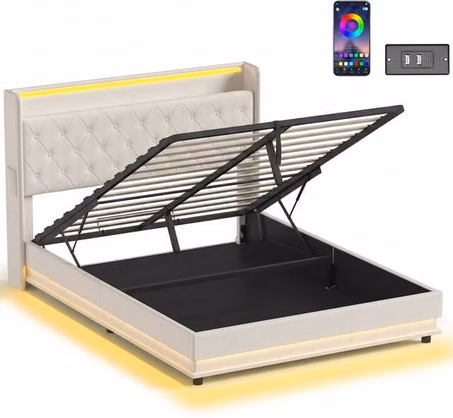HOMCOM King Size Bed Frame in White with Hydraulic Storage, LED Lights, USB Charging Port and Headboard