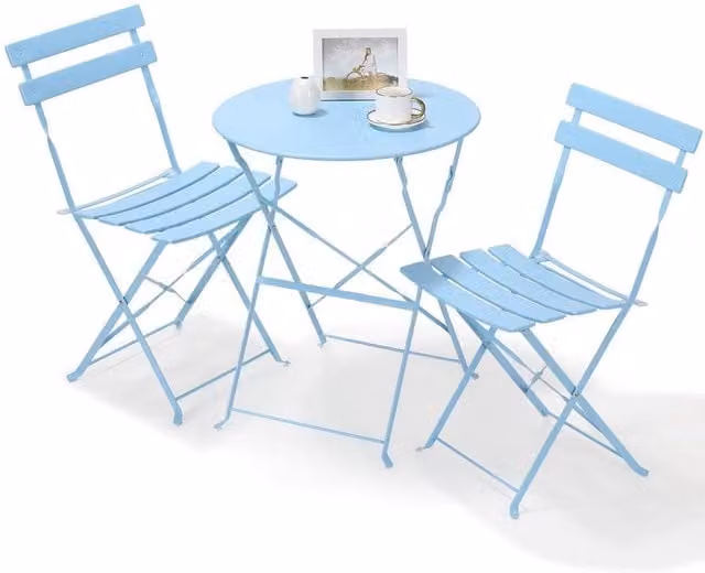 PAWNORA 3-Piece Blue Metal Folding Bistro Set with Round Table and Chairs for Garden, Balcony or Terrace – 1