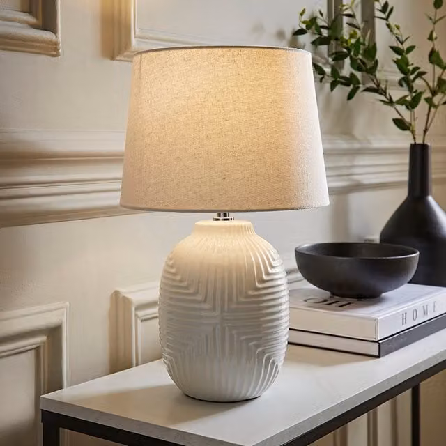 Harrison Medium Geo Ribbed Gloss Ceramic Table Lamp with Tapered Shade and LED Bulb in White