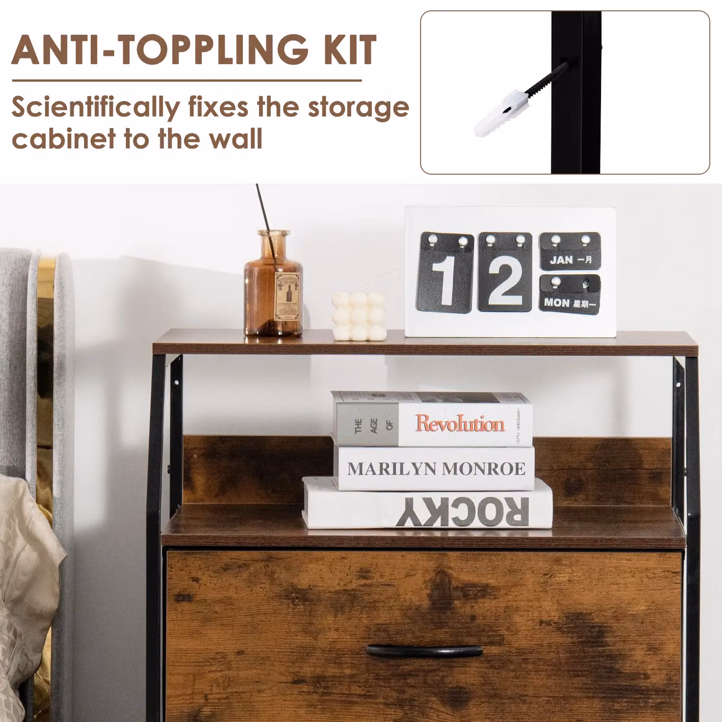 Costway 3 Drawer Dresser with Top Shelf, Brown Industrial Foldable Drawer Chest Cabinet – 5