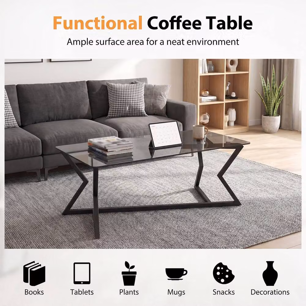 Costway Modern Rectangular Glass Coffee Table with X-Frame in Black – 5