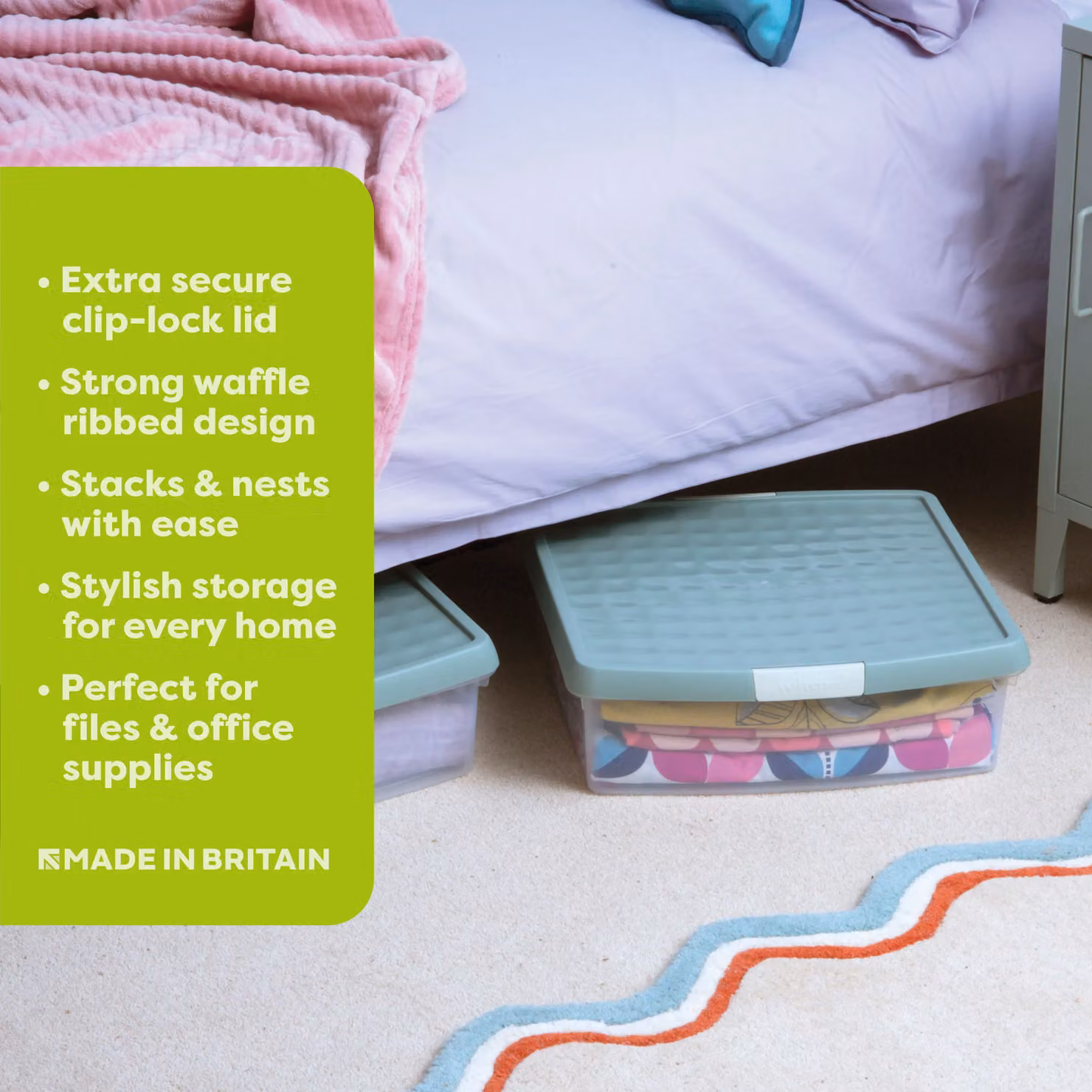 Wham Set of 3 Stackable Square Plastic Storage Boxes with Clip Lock Lids, 13.2L Each, Green and Transparent – 2