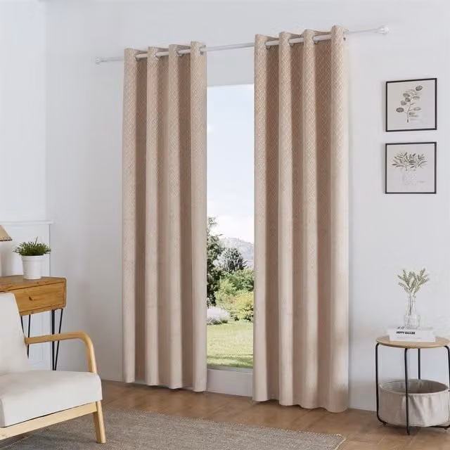 Luxury Living Temple Velvet Blackout Eyelet Curtains in Beige, Width: 117 cm, Drop: 183 cm – 1