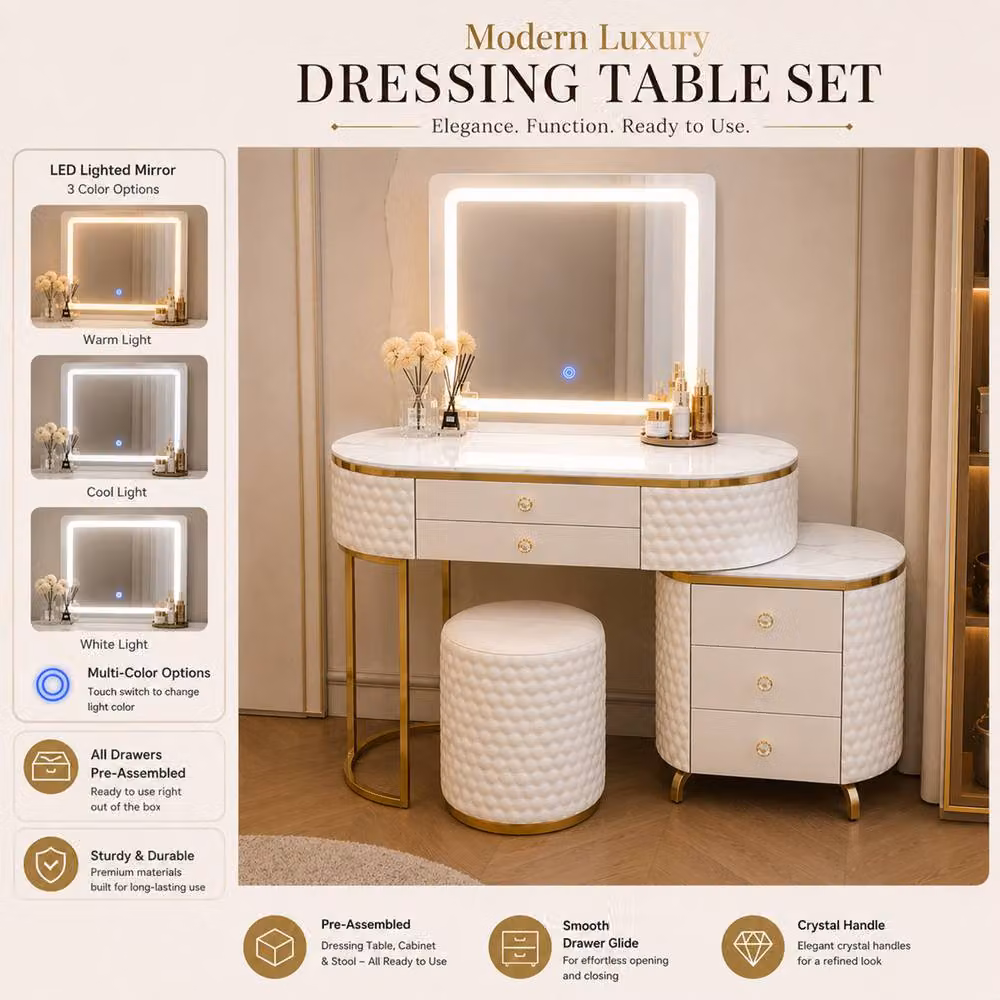MN Furniture Modern Luxury Dressing Table with LED Mirror, Stool and Cabinet in Beige, Width: 130 cm – 3