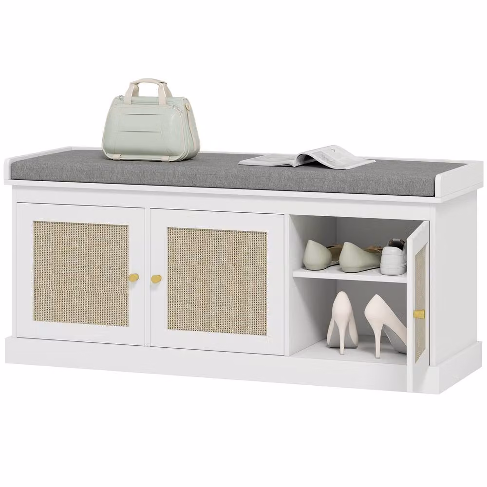 STILVORA Shoe Storage Bench with Rattan Doors and Fabric Cushion in White – 2