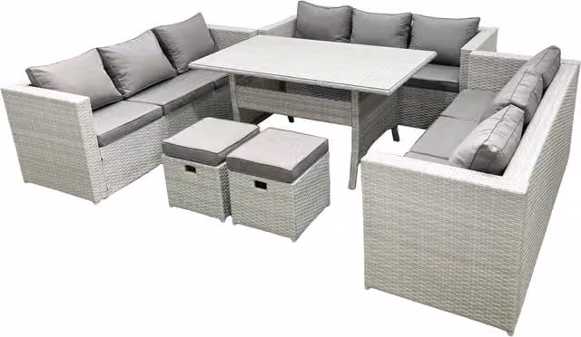 Fimous 11 Seater Rattan Garden Furniture Set with Rectangular Dining Table and 2 Footstools in Light Grey